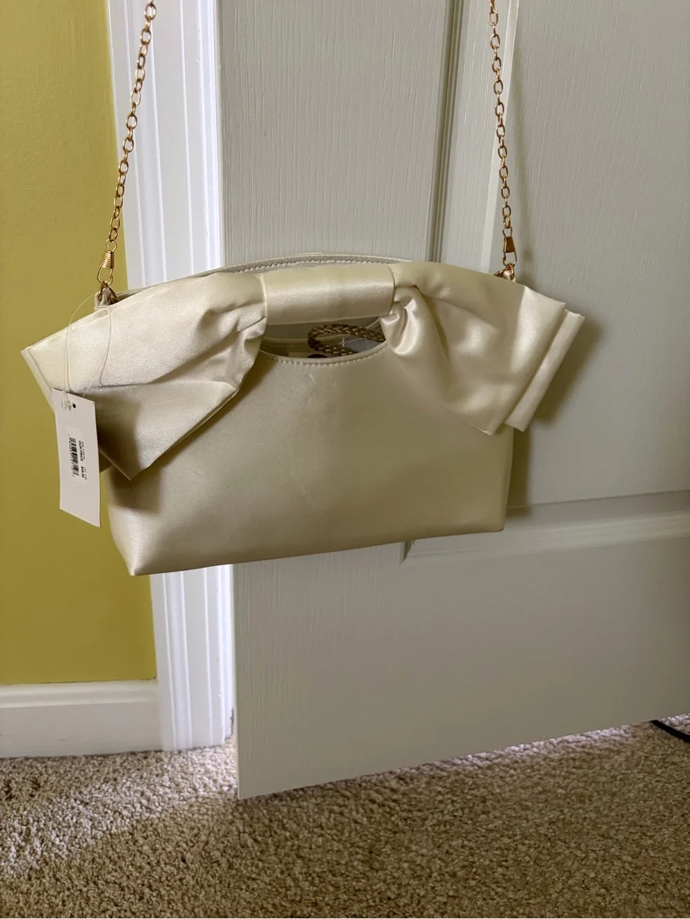 Nina Ivory Satin Bow Clutch with Gold chain and alternate Rope Strap